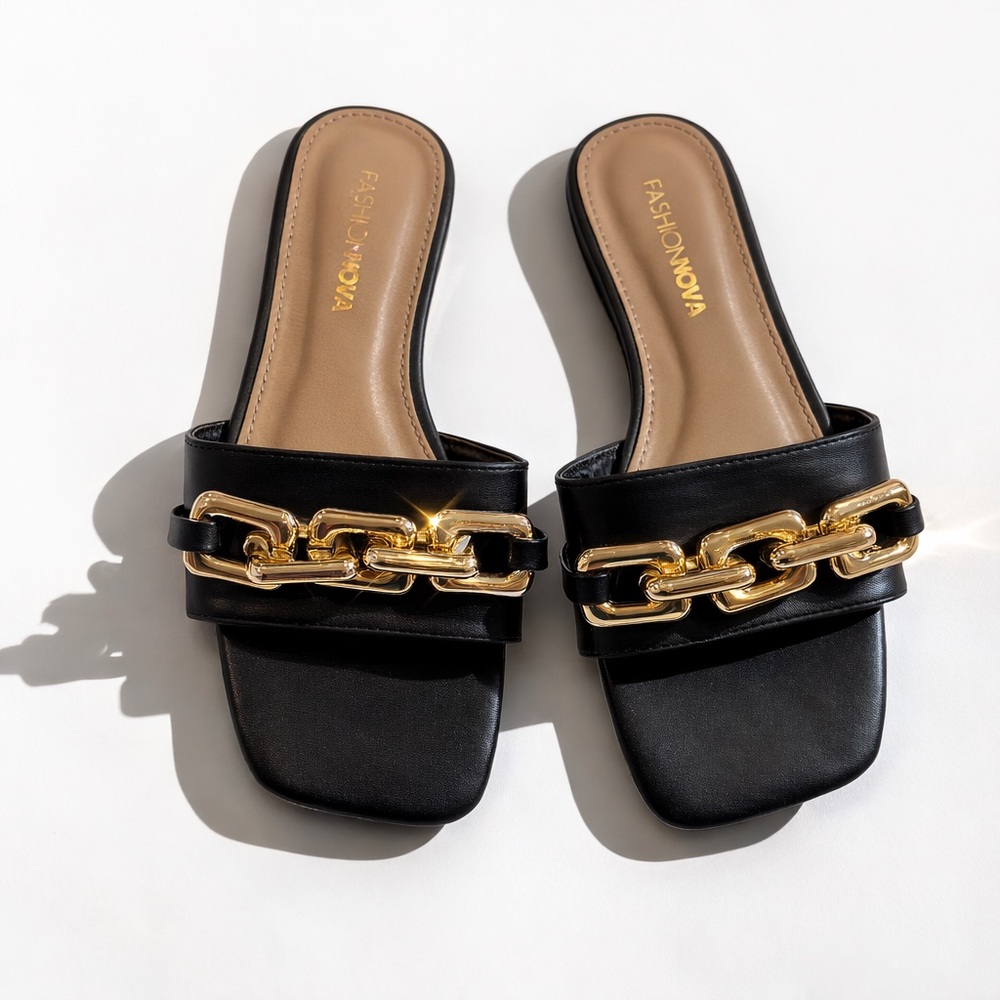 Fashion Nova Black Sandals with Gold Chain